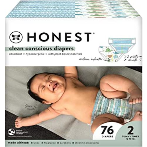 The Honest Company Clean Conscious Diapers | Plant-Based, Sustainable | Turtle Time + Dots & Dashes | Club Box, Size 2 (12-18 lbs), 76 Count