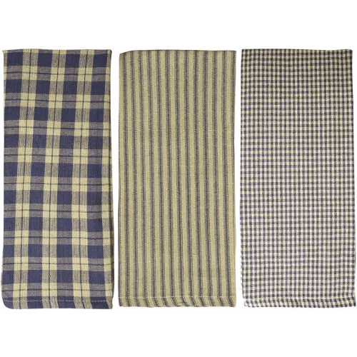 Blue Farmhouse Kitchen Towels Set of 3 Navy Dish Towels Striped Buffalo Checked Plaid and Tan Dish Towels for Decor Dishing Drying Cotton 15”x25