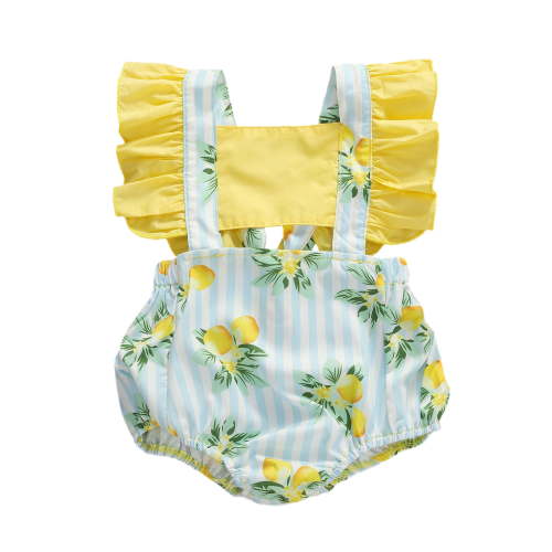 Canrulo Newborn Baby Girls Summer Cute Romper Candy Lemon Print Ruffles Sleeve Backless Jumpsuits Yellow 0-6 Months