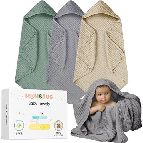 Hooded Baby Towels, 3 Pack Muslin Cotton Baby Towel Set, Super Soft and Absorbent Bath Towel for Babies, Infant, Toddler and Kids, Newborn Essential (35 X 35 Inch) (Green + Grey + Brown)