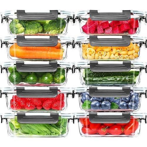 Skroam 10 Pack Glass Meal Prep Containers, 22 OZ Glass Airtight Food Storage Containers with Lids, Pantry Kitchen Storage Containers for Lunch, Food Storage, Meal Prep, Glass Lunch Bento Boxes