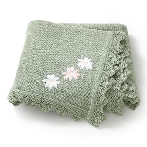 LAWKUL Baby Blanket 100% Traceable Cotton Knit Receiving Blankets Infant Swaddle for Newbron Boy Girls 40"x30" Green Floral