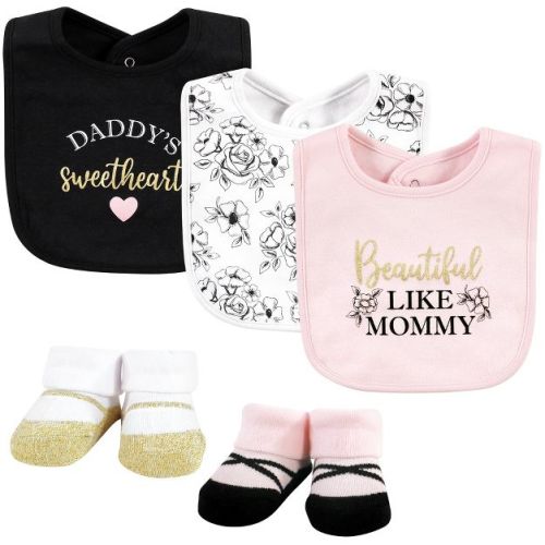 Hudson Baby Infant Girl Cotton Bib and Sock Set, Mom Dad Toile, 0-9 Months