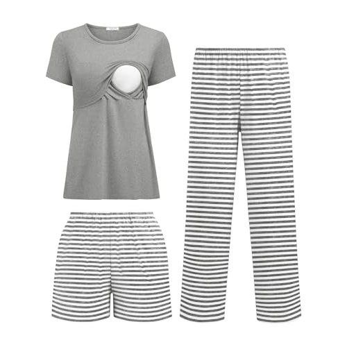 Ekouaer 3 Piece Postpartum Nursing Pajamas Set Short Sleeve Breastfeeding Shirts Pregnancy Shorts & Pants Maternity Pjs