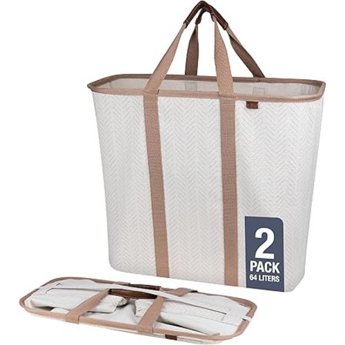 CleverMade Collapsible Laundry Caddy, LUXE Cream Herringbone 2PK - 64L (17 Gal) Premium Cotton Blend Foldable Laundry Basket with Sturdy Pop-Up Wire Frame, Long Carry Handles and Vegan Leather Accents