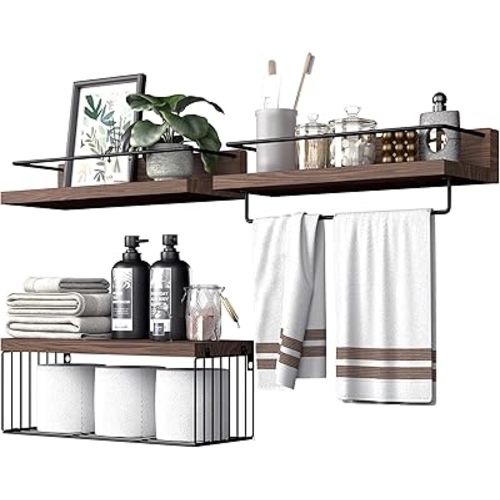 Bathroom Shelves Over Toilet for Wall, Floating Shelves with Storage Basket Paper Holer for Kitchen Living Room, Bedroom & Classroom, Set of 3 (Dark Brown)