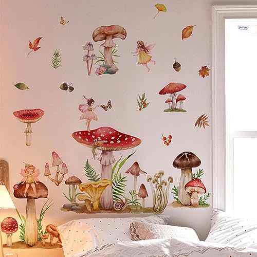 Annande Mushroom Wall Decals Fairy Wall Stickers Forest Room Decor Fall Leaf Woodland Nursery Decor Wall Door Decor for Girls Bedroom Living Room Kitchen