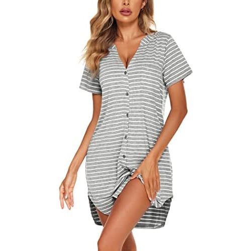 Ekouaer Women V Neck Button Down Nightgown