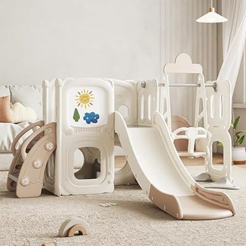 Toddler Slide with Swing Set, Baby Playground Set with Slide, Swing, Climber Stairs, Painting Board 6-in-1, Kids Playset for Toddlers 1-3, Indoor/Outdoor Play Equipment Freestanding Slides for Kids