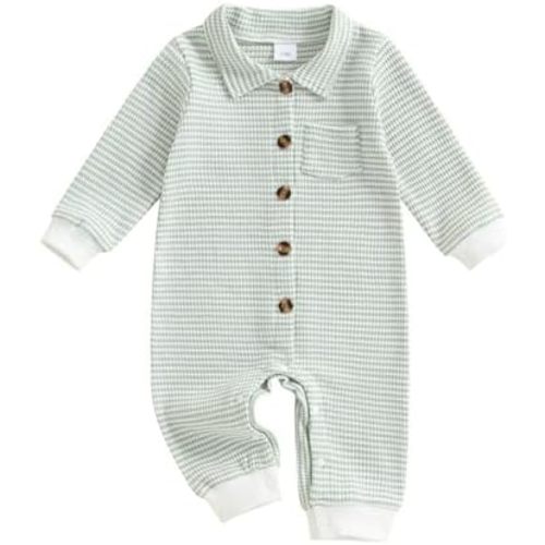 Baby Boy Fall Outfit Striped Print Long Sleeve Romper Button Down Lapel Bodysuit Jumpsuit Newborn One Piece Clothes