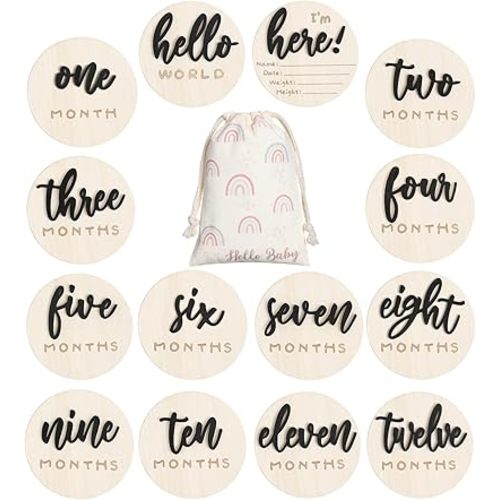 7 Pack 3D Baby Monthly Milestone Card Signs Baby Announcement Sign Double Sided Hello World Newborn Signs Wooden Circles Discs for Welcome Newborn Boy Girl Photo Props(Black,Letter)