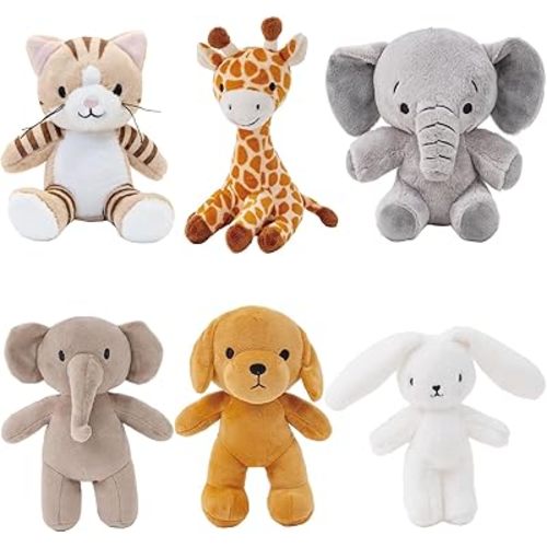 6 Pcs Stuffed Animals Bulk, Safari Stuffed Animals, 8 Inch Plush Animals, Cat Dog Elephants Giraffe Bunny for Party Animal Themed