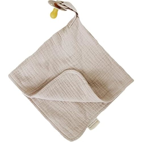 Marlowe & Co Organic Cotton Muslin Baby Blanket with Snap Closure, 100% Organic Cotton Muslin Lovey Blanket with Holder, Blanket Only (Natural Sand)