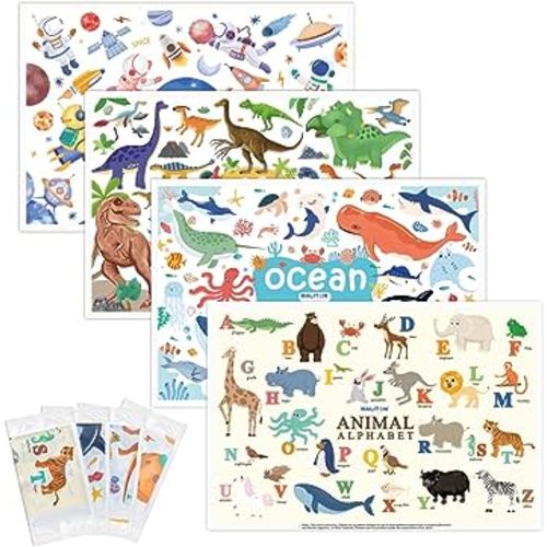 Disposable Placemats for Baby & Toddlers, Disposable Baby Placemats for Restaurants, Travel, Disposable Stick on Placemats with 4 Designs, Disposable Table Mats for Kids (Individual Package)