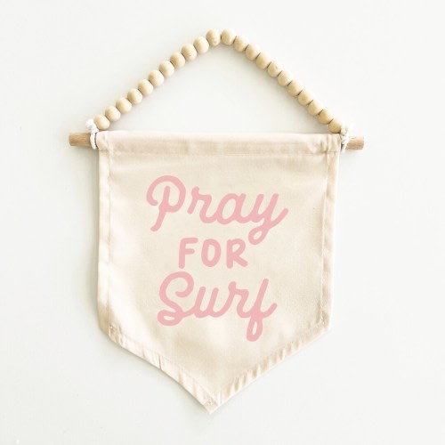 Pray For Surf Canvas Hang Sign: Surf Decor for Girl Nursery, Palm Pink