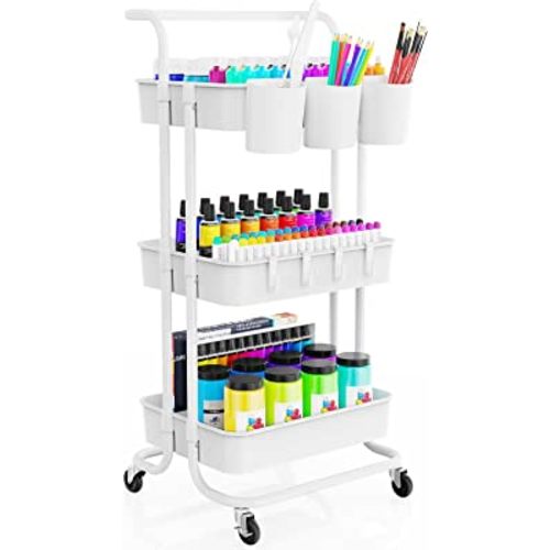 3-Tier Kitchen Cart with Hanging Cups & Hooks & Handle, Multifunctional Art  Cart Organizer Storage with Wheels,Easy Assembly for  Office,Bedroom,Kitchen,Bathroom,Laundry