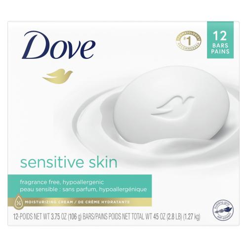 Dove Beauty Bar Women's Bath Soap Sensitive Unscented Hypoallergenic for Sensitive Skin, 3.75 oz 12 Bars