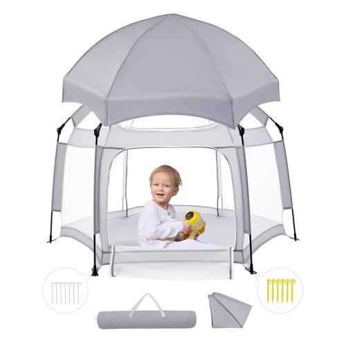 Babelio Pop up Baby Tent, Travel Playpen for Babies, Indoor and Outdoor, Portable/Foldable Play Yard W/Canopy, Travel/Nap, Sun Protection, One-Touch Storage- Light Grey