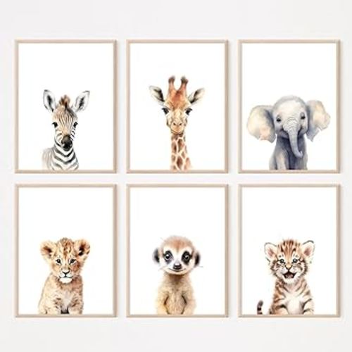 Safari Nursery Wall Art Decor Set of 6 Baby Animal Wall Art Kids Canvas Wall Art Safari Nursery Pictures Jungle Animal Prints Baby Boy Art Giraffe Painting for Room Bedroom 12x16 Inch Unframed