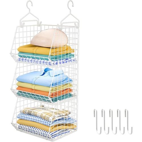 X-cosrack 3 Tier Foldable Closet Organizer, Clothes Shelves with 5 S Hooks, Wall Mount&Cabinet Wire Storage Basket Bins, for Clothing Sweaters Shoes Handbags Clutches Accessories-White Patent Design