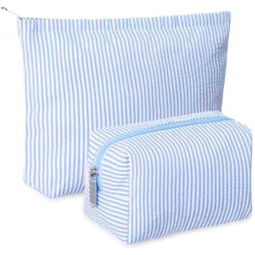 2 Pieces Makeup Bag Set Cute Cosmetic Pouch for Women Seersucker Travel Toiletry Bag Preppy Small Makeup Purse Pouch Aesthetic Skincare Brushes Storage Organizer for Women(Blue)