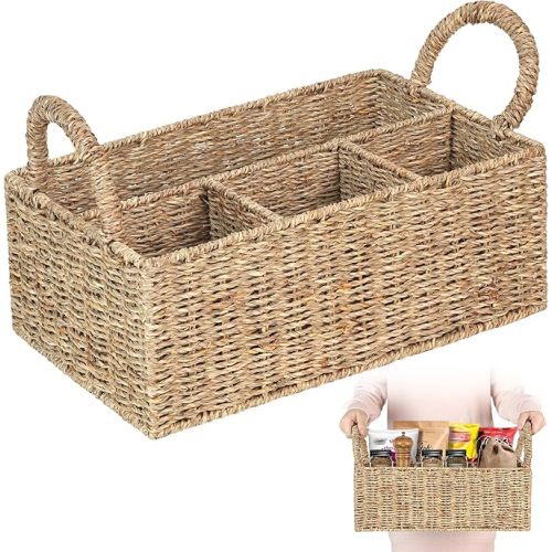 Divided Baskets with Handles, Storage Basket Natural for Organizing Bathroom Kitchen Shelves Office Supplies Organization, Wicker Storage Baskets 4 Section, 4-Compartment Wicker Basket.