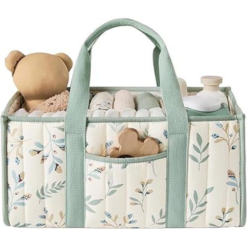 Quilted Fabric Storage Basket Floral Baby Diaper Caddy Quilted Basket for Nursery Bedroom Car Storage (L- Light Green)