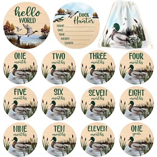Huray Rayho Mallard Duck Baby Monthly Milestone Cards, Wooden Photo Props