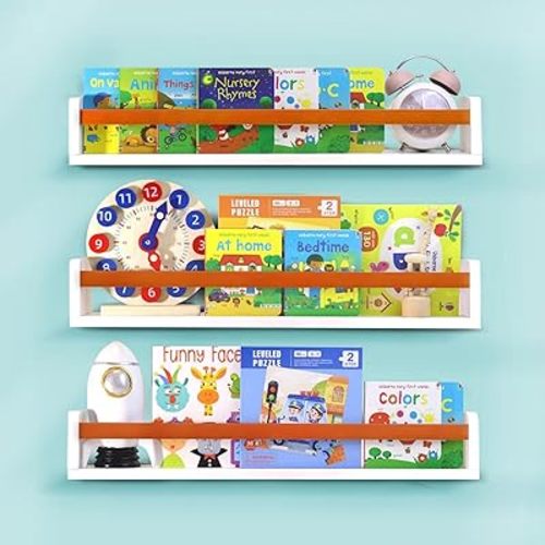 Floating Wall Nursery Book Shelves for Bedrooms Kids 24 Inch White Wooden Baby Book Shelf for Kids Rooms Set of 3 Nursery Shelves for Wall Mounted Honey Stain Toddler Bookshelf for Kids Wall