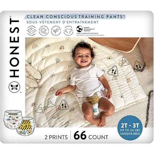The Honest Company Clean Conscious Training Pants | Plant-Based, Sustainable Diapers | Rompin' & Stompin' + Diggin' It | Size 2T/3T (up to 34 lbs), 66 Count