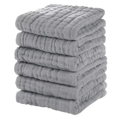 Muslin Baby Washcloths 6 Pack, 100% Cotton Wash Cloths for Babies, Large 12''X12'' Burp Cloths Absorbent and Soft for Newborn Infants Kids Boys Girls - Light Gray