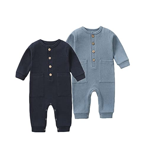 Baby Boy Newborn Rompers Long Sleeve Jumpsuit Infant Knit Outfits Clothes | 2 pack solid bodysuit footless romper, soft, snap closure, easy diaper change