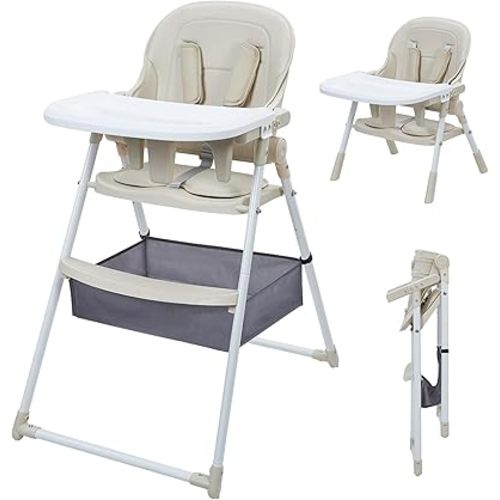 2-in-1 Baby Dining Chair Toddler Feeding Chair with Removable Tray and Removable Cushion Folding, Converting, Height-Adjustable Children's Dining Chair with Large Storage Basket