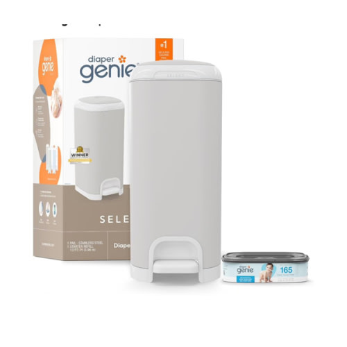 Diaper Genie Select Pail (Grey) is Made of Durable Stainless Steel and Includes 1 Starter Square Refill That can Hold up to 165 Newborn-Sized Diapers.