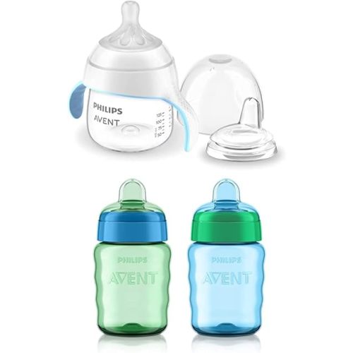 Philips Avent Sippy Cup Bundle with Natural Trainer Cup with Natural Response Nipple, 5 Ounce, 1 Pack + My Easy Sippy Cup, 9 Ounce, 2 Pack, Blue/Green
