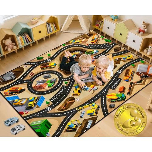 Kids 3x5 Ft Construction Site Car Rug - Extra Thick (0.4in),Tufted Wool & Rubber, Non-Slip, Stain & Fade Resistant, Machine Washable, Rustic Cartoon Construction Site Pattern