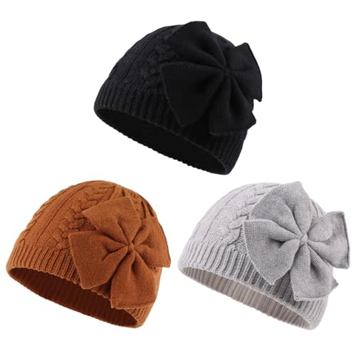 JANGANNSA Winter Warm Knitted Baby Hat for Girls Cotton Lined Infant Toddler Hat Autumn Cute Bow Classic Girls Beanie 0-6Y