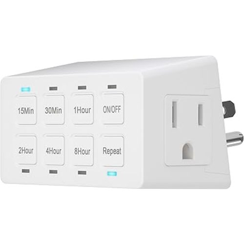 ENERLITES 8-Hour Indoor Countdown Plug-in Timer, UL Listed Timer for Electrical Outlets, 15-30 Min 1-2-4-8 Hour, for Fans or Lights, 1/4 HP, HET03-W, White