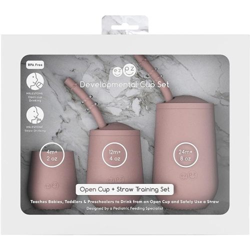 ezpz Developmental Cup Set (Blush) - 100% Silicone - Teaches Babies, Toddlers, and Preschoolers to Drink from an Open Cup and Safely Use a Straw - Designed by a Pediatric Feeding Specialist