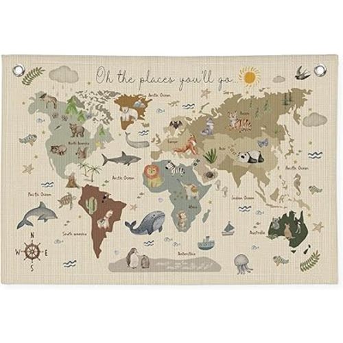 World Map Bannr for Kids, World Maps for Wall, World Map Cute Animal Educational Tapestry Wall Hanging Banner Flag Decor for Kids Room Classroom 20x30