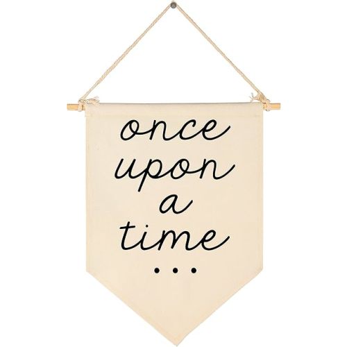 Once Upon a Time-Decor Gift for Nursery Bedroom Playroom Front Door Bookshel Bookcase Reading Corner-Birthday Christmas Gift-Canvas Hanging Flag Banner Wall Sign Decor Gift for Baby Kids Girl Boy Teen