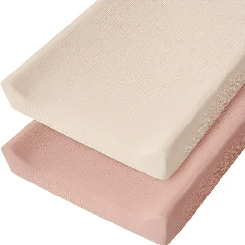 Konssy 2 Pack Muslin Changing Pad Cover for Baby Girls Boys 100% Cotton Fitted Diaper Changing Table Cover Set, Soft Changing Pad Sheets (Pink, Cream)