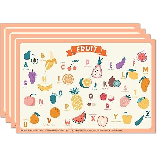 60 Pack Disposable Placemats for Baby & Toddle, 12" x 18" Restaurant Table Mats, Sticky Kids Placemat for Picnic Table, Party, Travel, Fruit Alphabet Theme