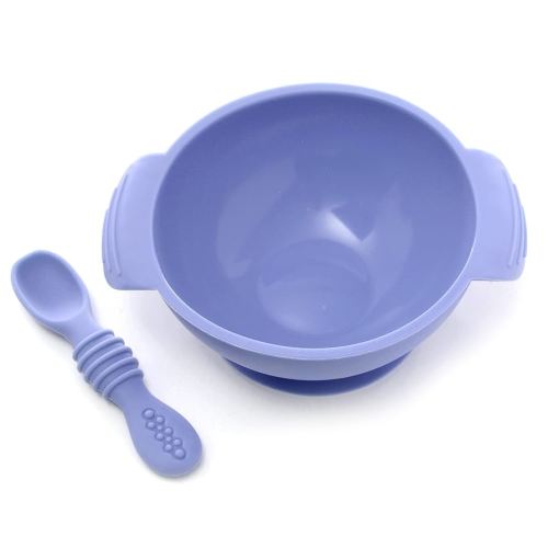 PrimaStella Unbreakable Silicone Non-Slip Bowl and Chew Spoon Set for Babies and Toddlers (Periwinkle)