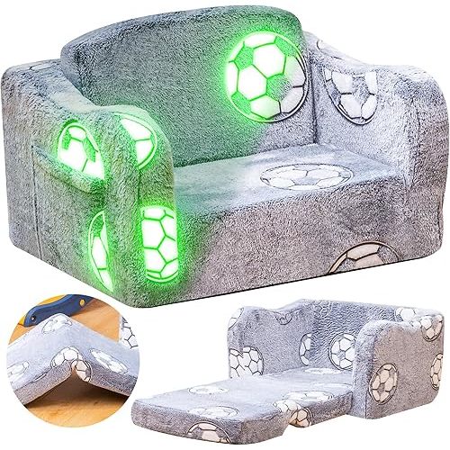 Lamerge 2-in-1 Toddler Couch,Glow in The Dark Baby Floor Bed,Foldable Toddler Chair Kids Sofa for playroom,Convertible Sofa to Lounger for Girls and Boys (Grey and Football)