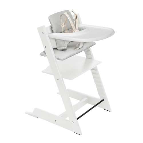 Stokke Tripp Trapp High Chair 2 (White), Cushion 2 (Nordic Grey) + Stokke Tray (White) - Includes Chair + Baby Set with Removable Harness for Children 6-36 Months