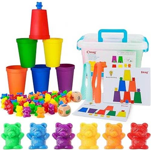 Bmag Counting Bears with Matching Sorting Cups,Pre-School Math Learning Games with 2 Dices,Color Recognition STEM Educational Toy for Toddler Bonus Tweezers, Storage Box, Activity Cards