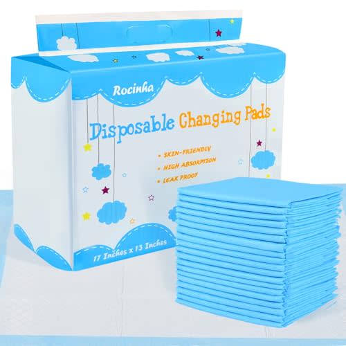 Rocinha 100 Pack Disposable Changing Pads Baby Disposable Underpads Waterproof Diaper Changing Pad Breathable Underpads Bed Table Protector Mat, 17 Inches x 13 Inches