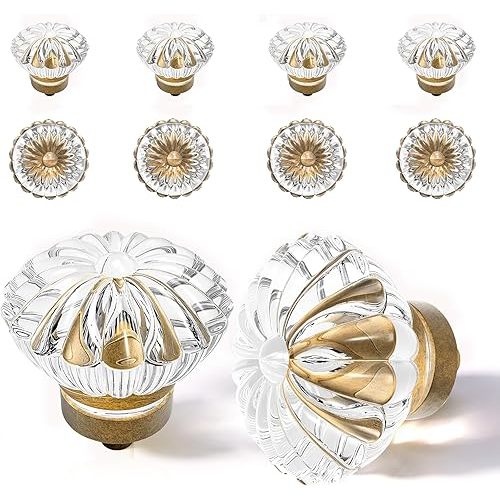 Crystal Cabinet Knobs Cabinets Knob, 8 Pack Flower Antique Brass Vintage Glass Clear Crystal Small Pull for Closet Dresser Drawers Cupboard Wardrobe, Alloy Retro Pulls Old Style Bronze Drawer Handle