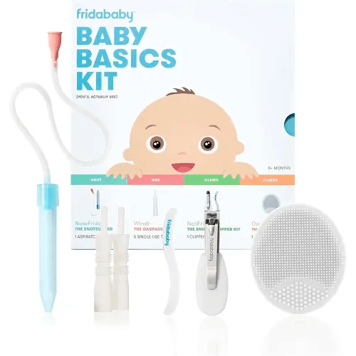Frida Baby Basics Kit | Baby Essentials Kit Includes Nasal Aspirator Snotsucker, NailFrida Nail Files, Windi Gas Relief, DermaFrida Bath Brush + Silicone Carry Case